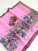 Linen Saree with Gold Jari Border & Digital Print | Elegant Daily & Festive Wear