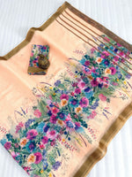 Linen Saree with Gold Jari Border & Digital Print | Elegant Daily & Festive Wear