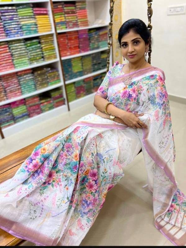 Linen Saree with Gold Jari Border & Digital Print | Elegant Daily & Festive Wear