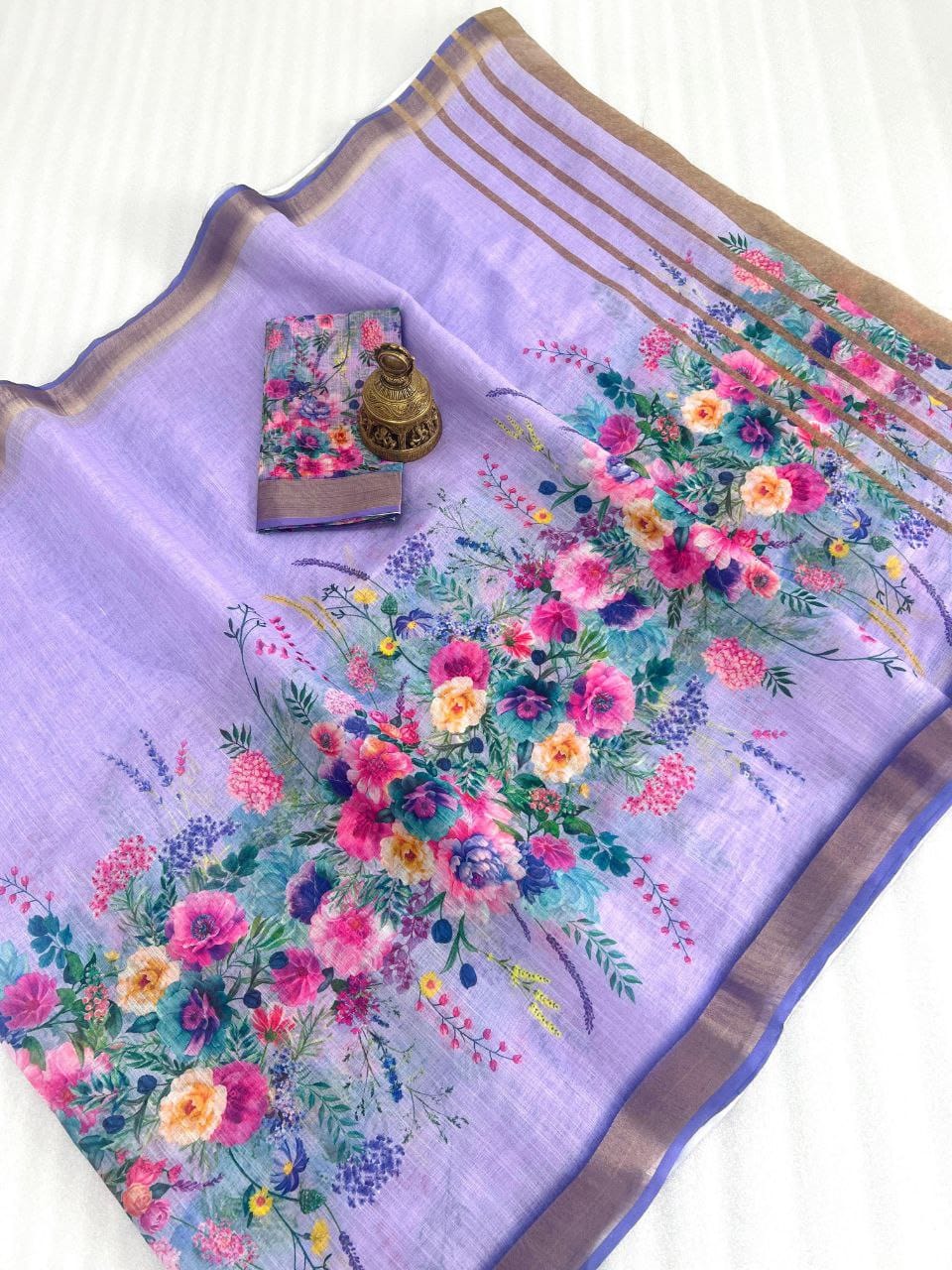 Linen Saree with Gold Jari Border & Digital Print | Elegant Daily & Festive Wear
