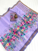 Linen Saree with Gold Jari Border & Digital Print | Elegant Daily & Festive Wear