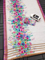 Linen Saree with Gold Jari Border & Digital Print | Elegant Daily & Festive Wear