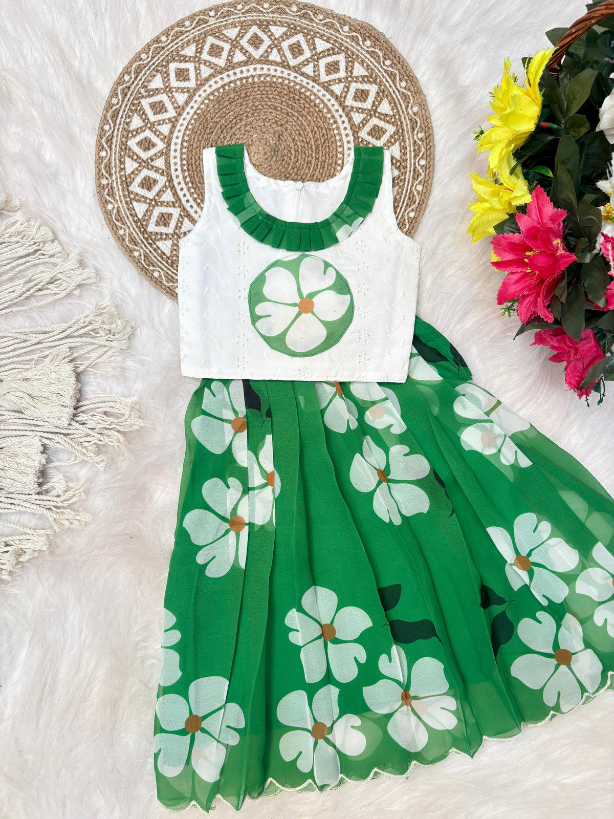 Kids Pure Georgette Lehenga Choli with Sifali Work Blouse & Flower Print | Adjustable Drawstring