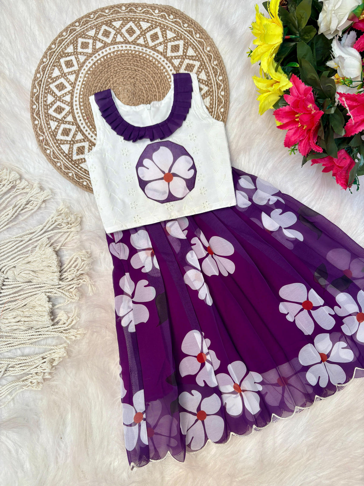 Kids Pure Georgette Lehenga Choli with Sifali Work Blouse & Flower Print | Adjustable Drawstring