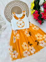 Kids Pure Georgette Lehenga Choli with Sifali Work Blouse & Flower Print | Adjustable Drawstring
