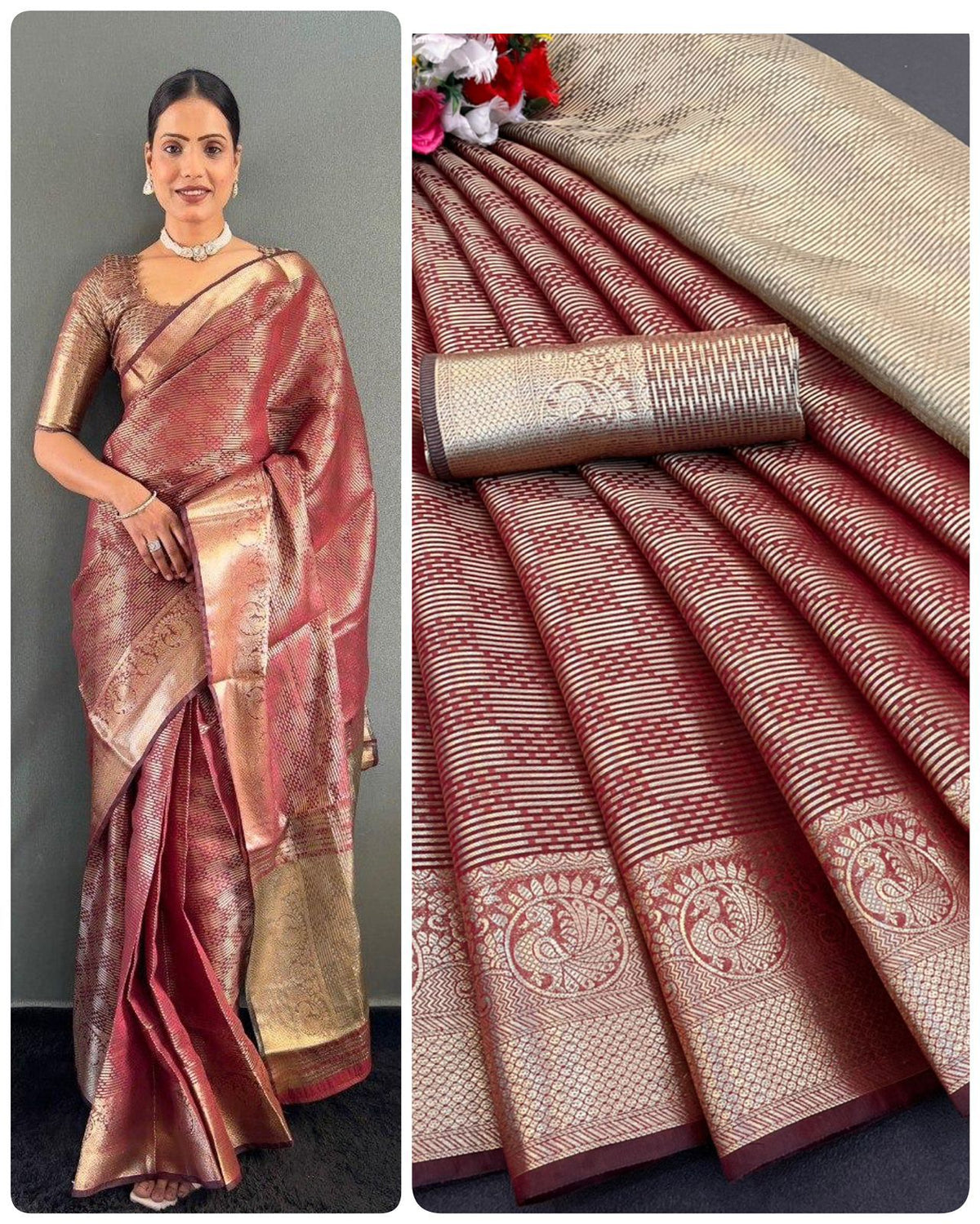 Copper Gold Tissue Silk Saree with Kanchi Border | Bollywood Style Look