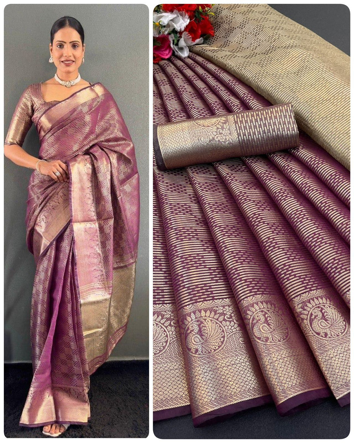Copper Gold Tissue Silk Saree with Kanchi Border | Bollywood Style Look