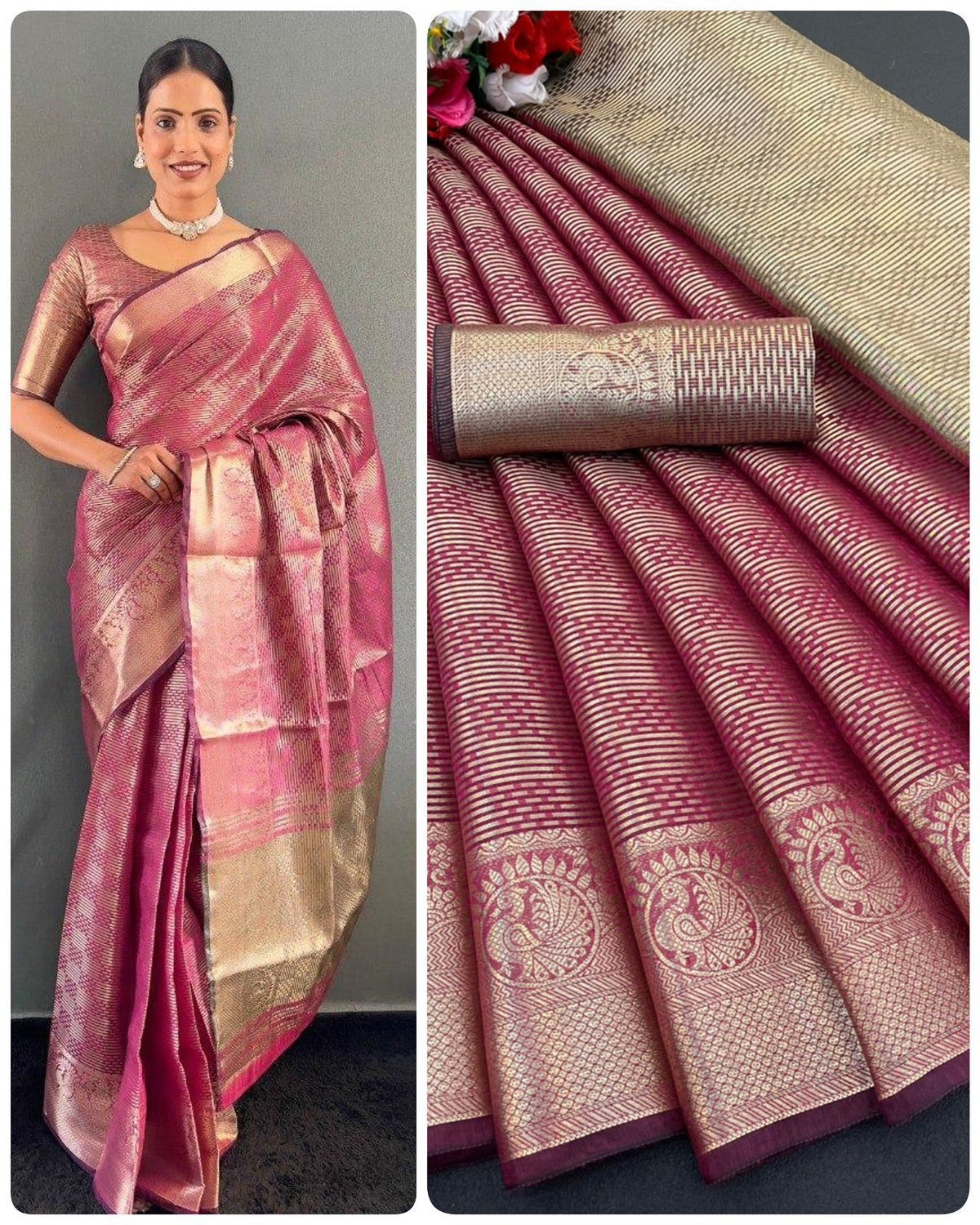 Copper Gold Tissue Silk Saree with Kanchi Border | Bollywood Style Look