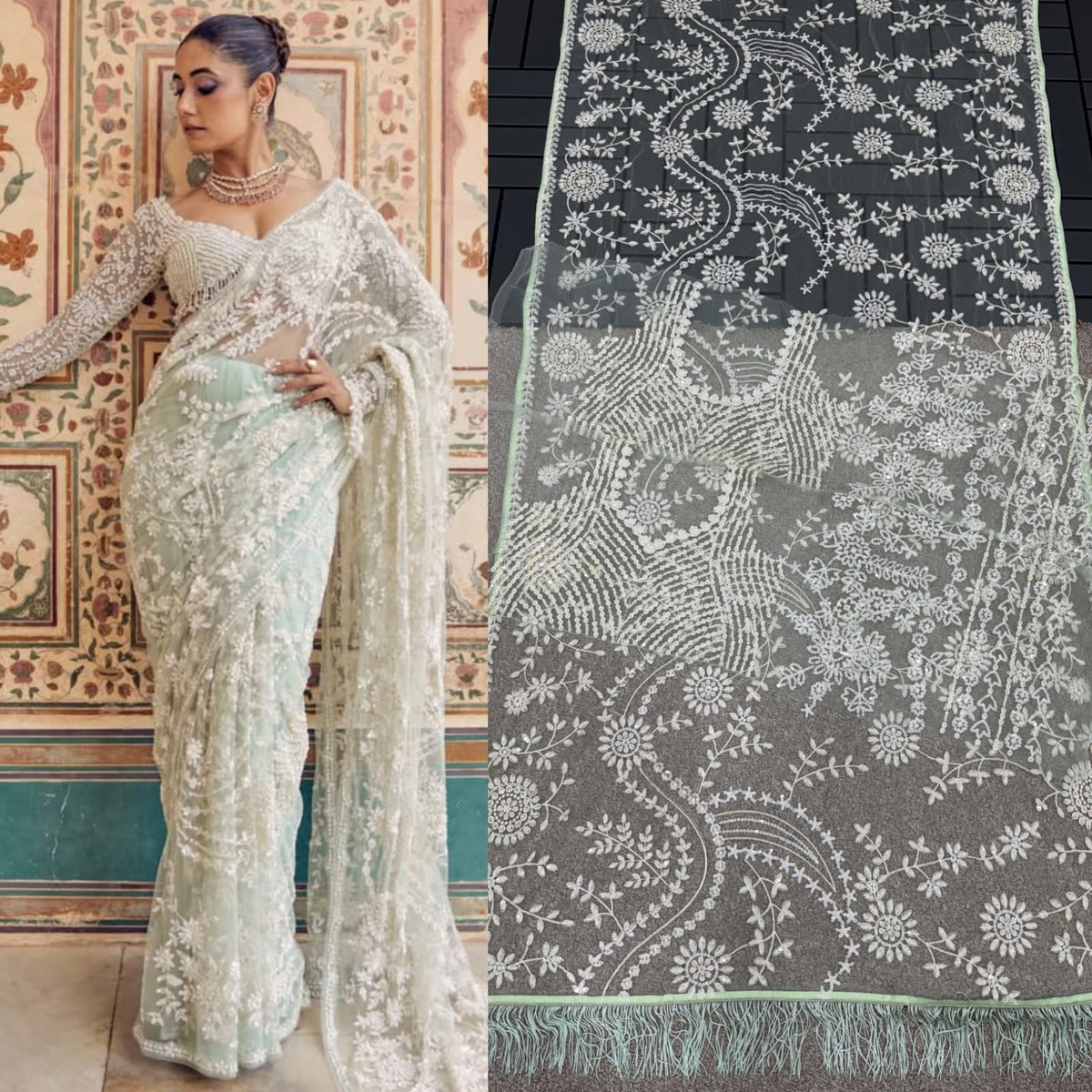 New Bollywood Blockbuster Net Saree with Heavy 5MM Multi Sequin Embroidery & Zalar Pallu