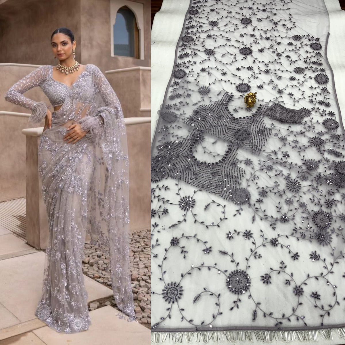 New Bollywood Blockbuster Net Saree with Heavy 5MM Multi Sequin Embroidery & Zalar Pallu