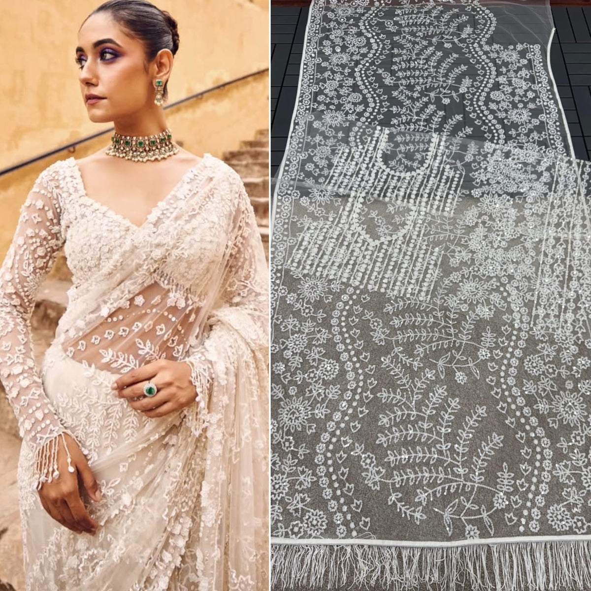 New Bollywood Blockbuster Net Saree with Heavy 5MM Multi Sequin Embroidery & Zalar Pallu