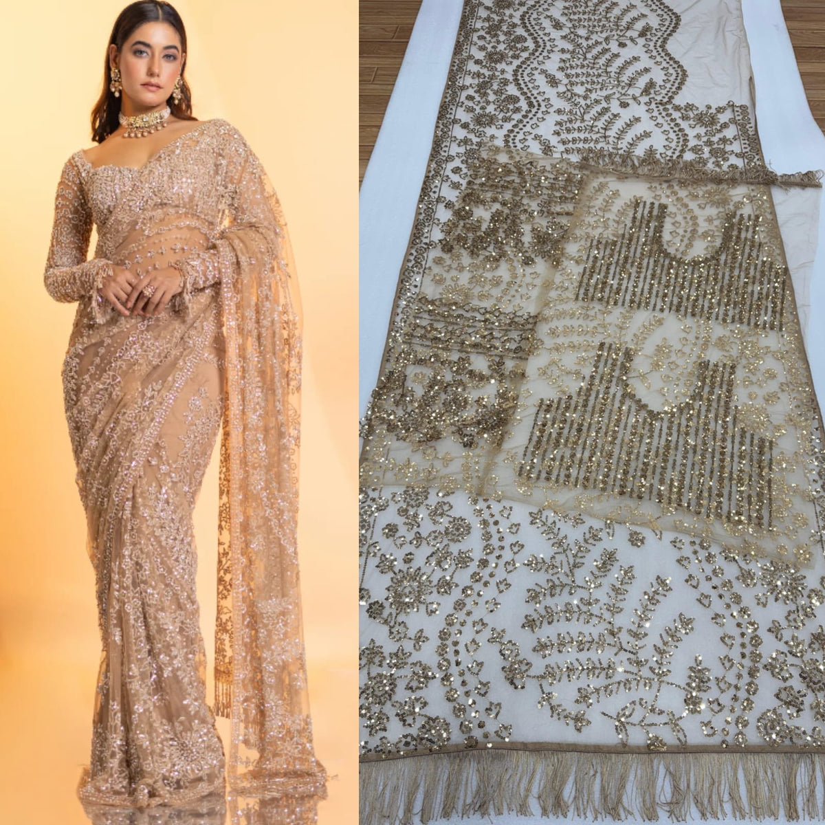 New Bollywood Blockbuster Net Saree with Heavy 5MM Multi Sequin Embroidery & Zalar Pallu