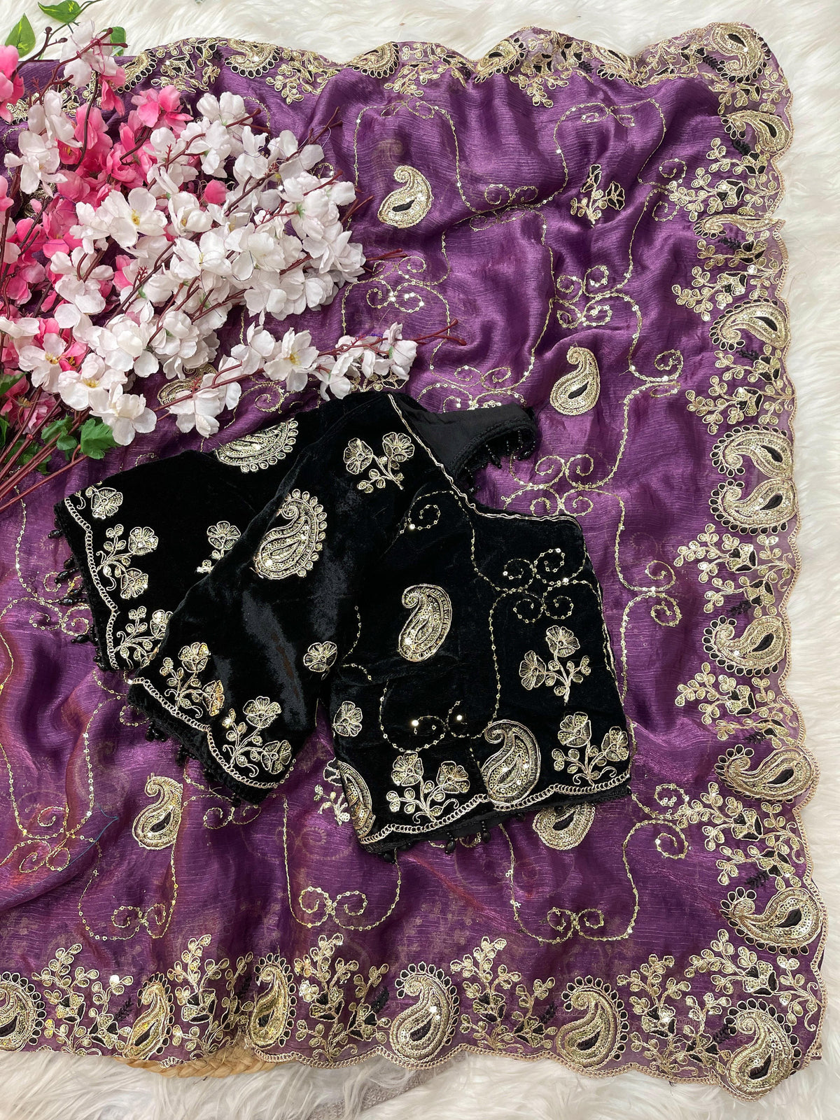 Elegant Fendy Chiffon Saree with Cording Embroidery & Velvet Embroidered Blouse