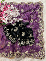 Elegant Fendy Chiffon Saree with Cording Embroidery & Velvet Embroidered Blouse