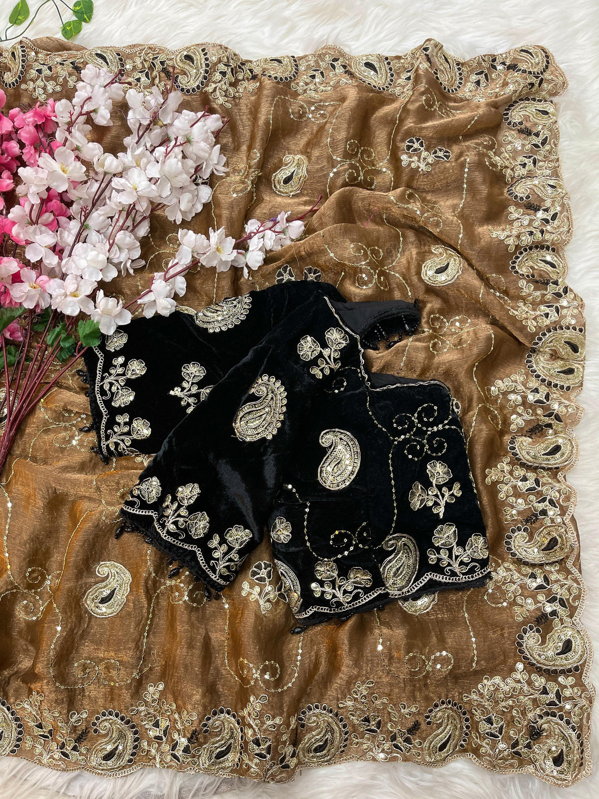 Elegant Fendy Chiffon Saree with Cording Embroidery & Velvet Embroidered Blouse