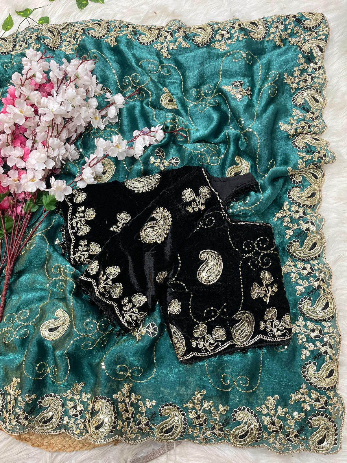 Elegant Fendy Chiffon Saree with Cording Embroidery & Velvet Embroidered Blouse