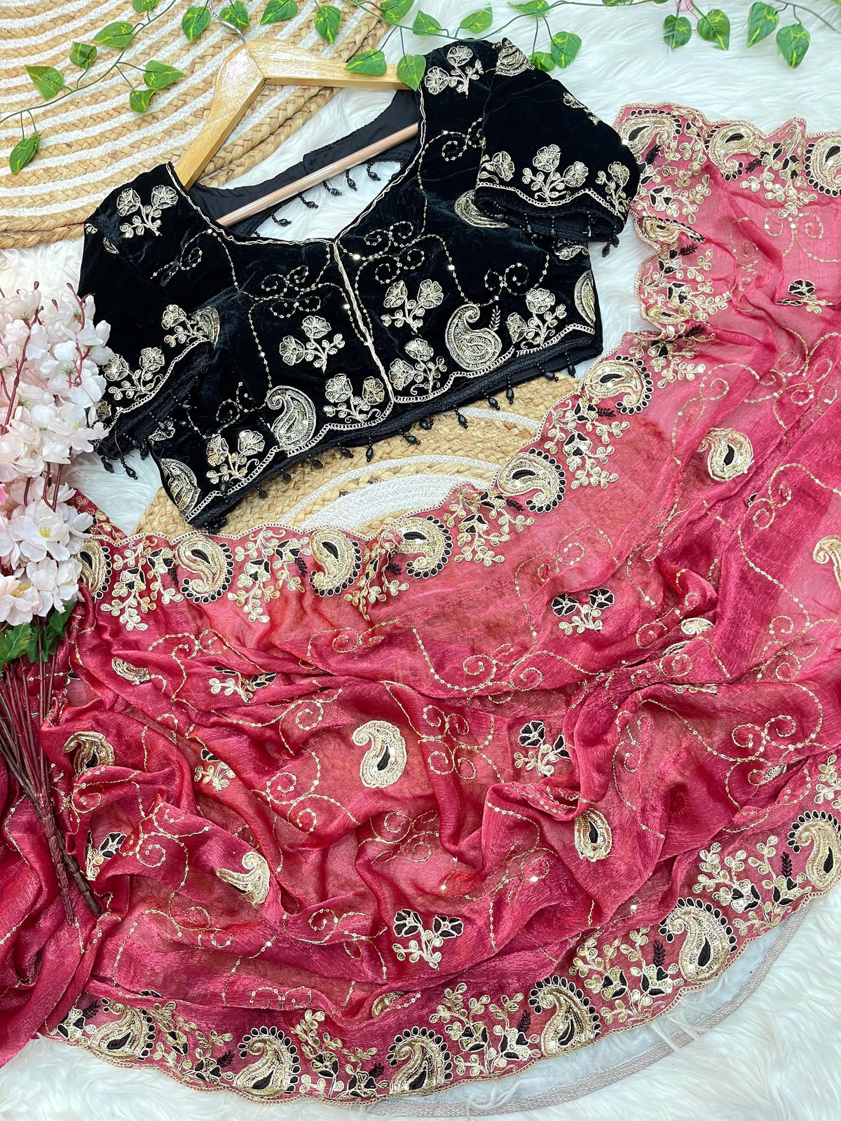 Elegant Fendy Chiffon Saree with Cording Embroidery & Velvet Embroidered Blouse