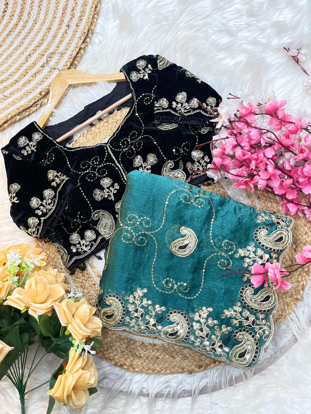 Elegant Fendy Chiffon Saree with Cording Embroidery & Velvet Embroidered Blouse
