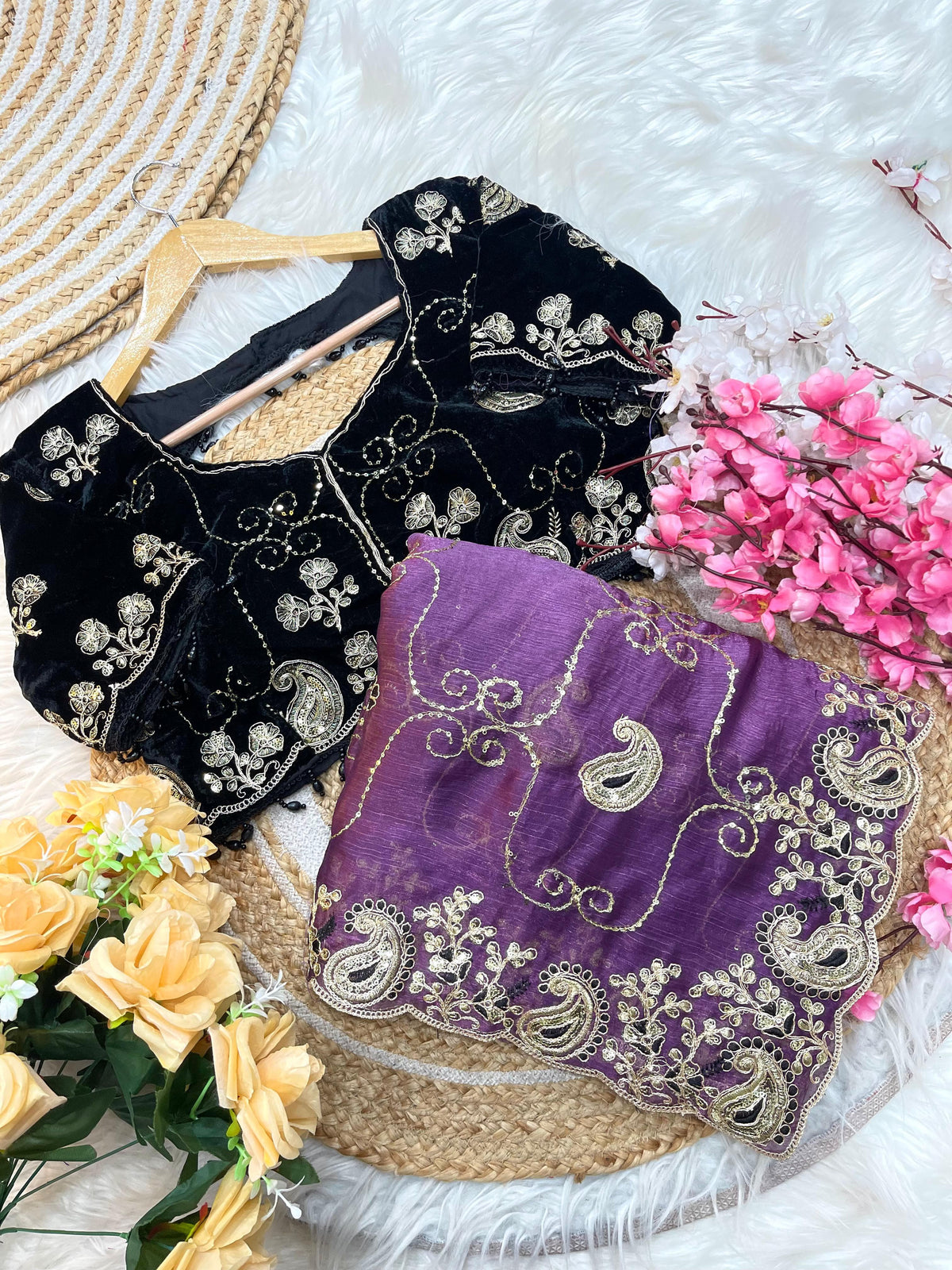 Elegant Fendy Chiffon Saree with Cording Embroidery & Velvet Embroidered Blouse