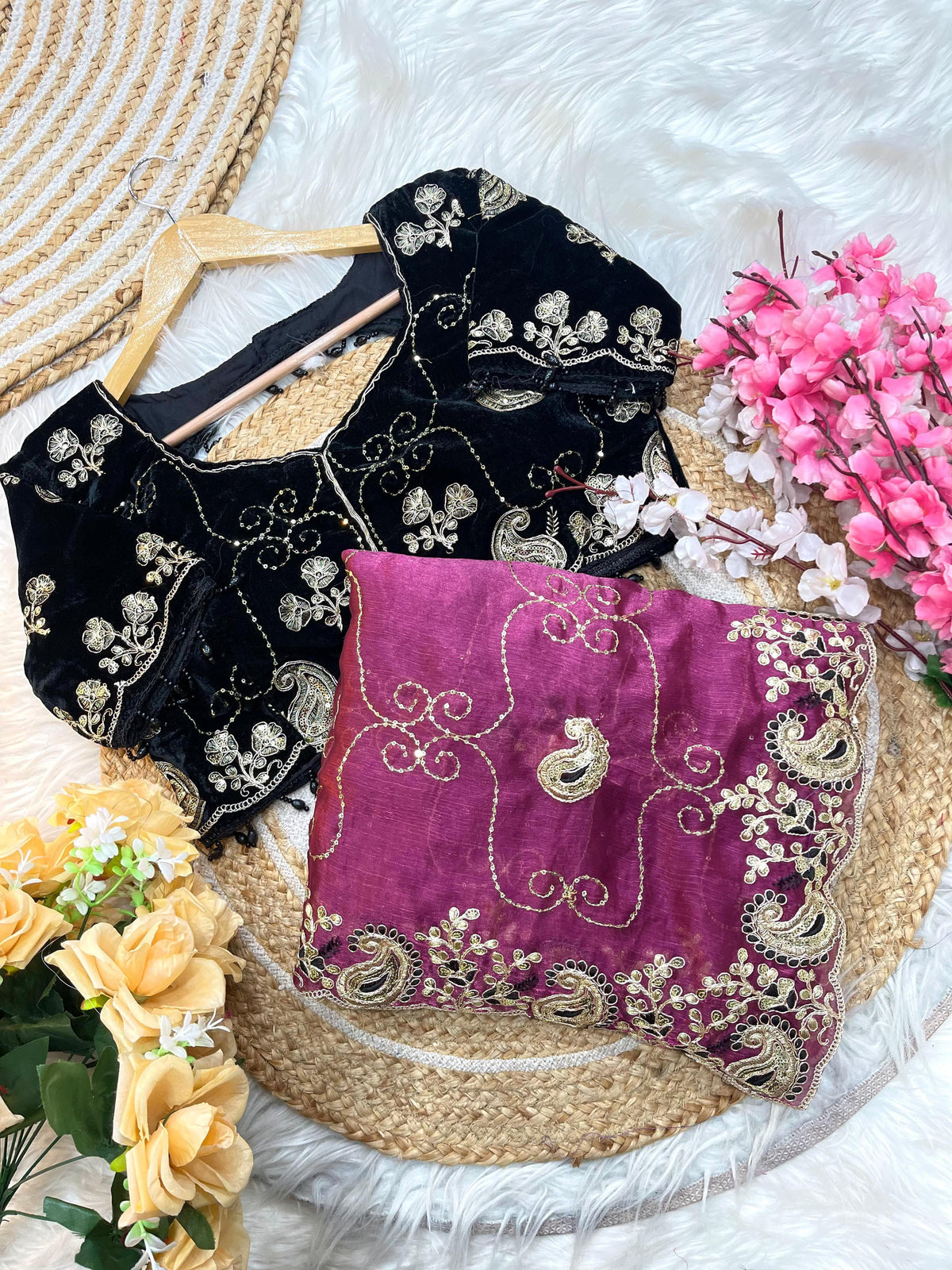 Elegant Fendy Chiffon Saree with Cording Embroidery & Velvet Embroidered Blouse