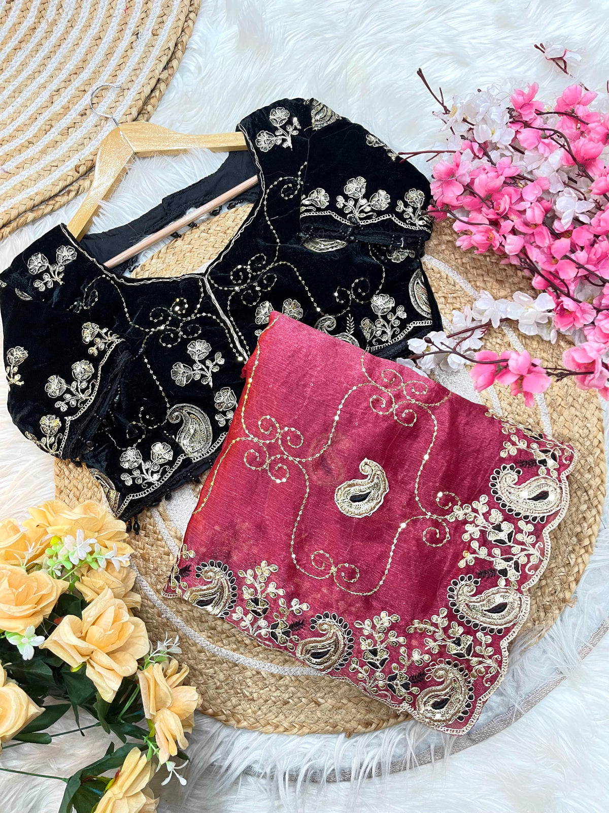 Elegant Fendy Chiffon Saree with Cording Embroidery & Velvet Embroidered Blouse