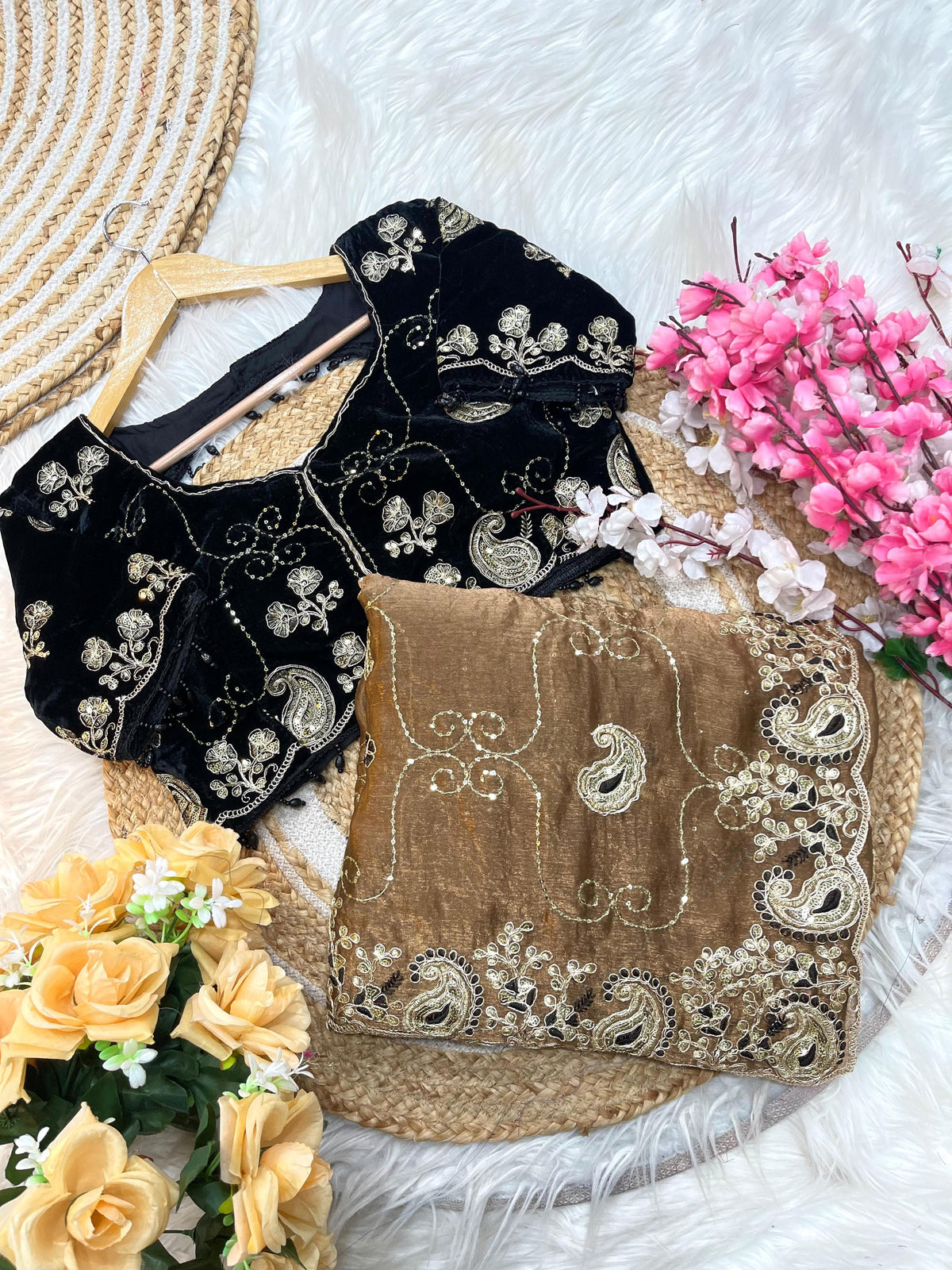 Elegant Fendy Chiffon Saree with Cording Embroidery & Velvet Embroidered Blouse