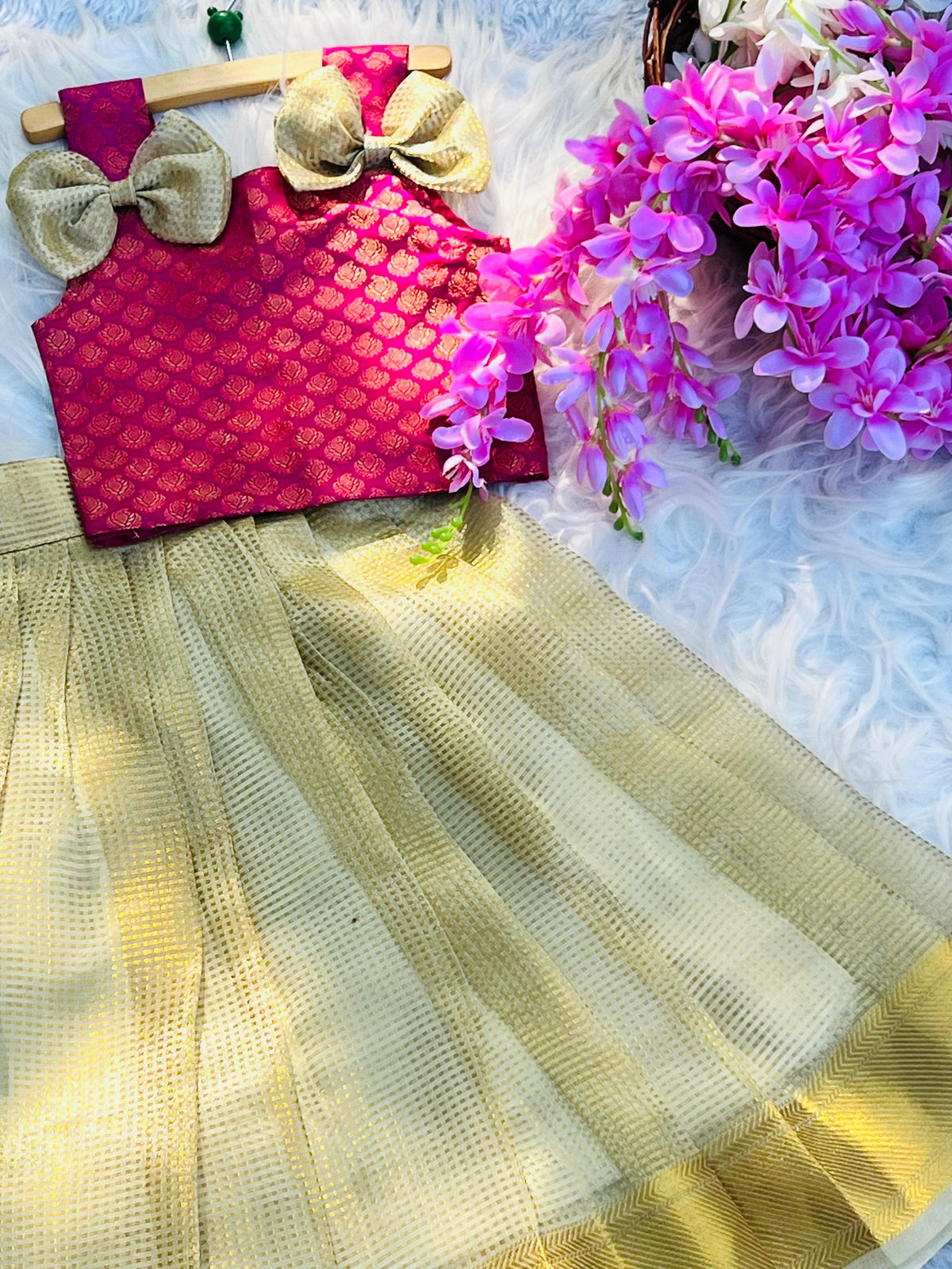 Nayantara Inspired Kids Tissue Silk Lehenga Choli with Jacquard Weaving & Brocade Blouse