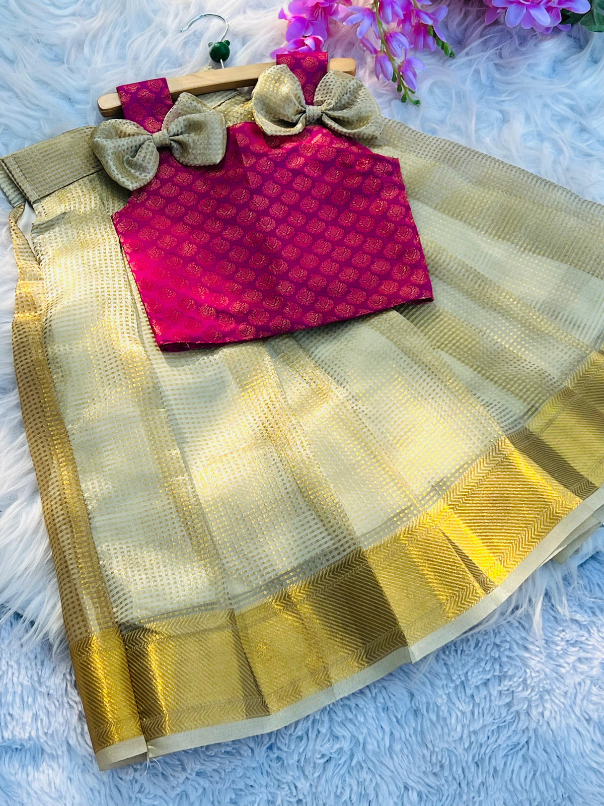Nayantara Inspired Kids Tissue Silk Lehenga Choli with Jacquard Weaving & Brocade Blouse