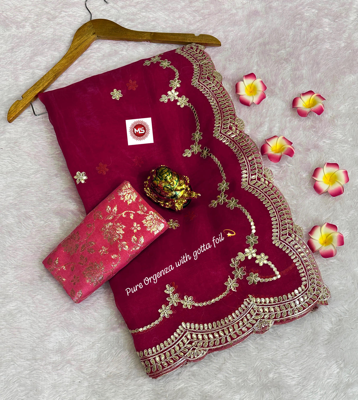 Elegant Net Organza Designer Saree with C Pallu Foil Gota Work & Contrast Jari Blouse