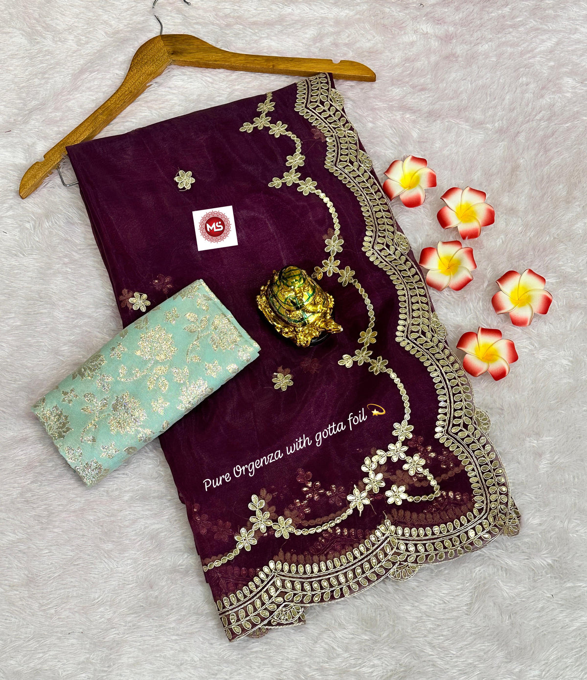Elegant Net Organza Designer Saree with C Pallu Foil Gota Work & Contrast Jari Blouse