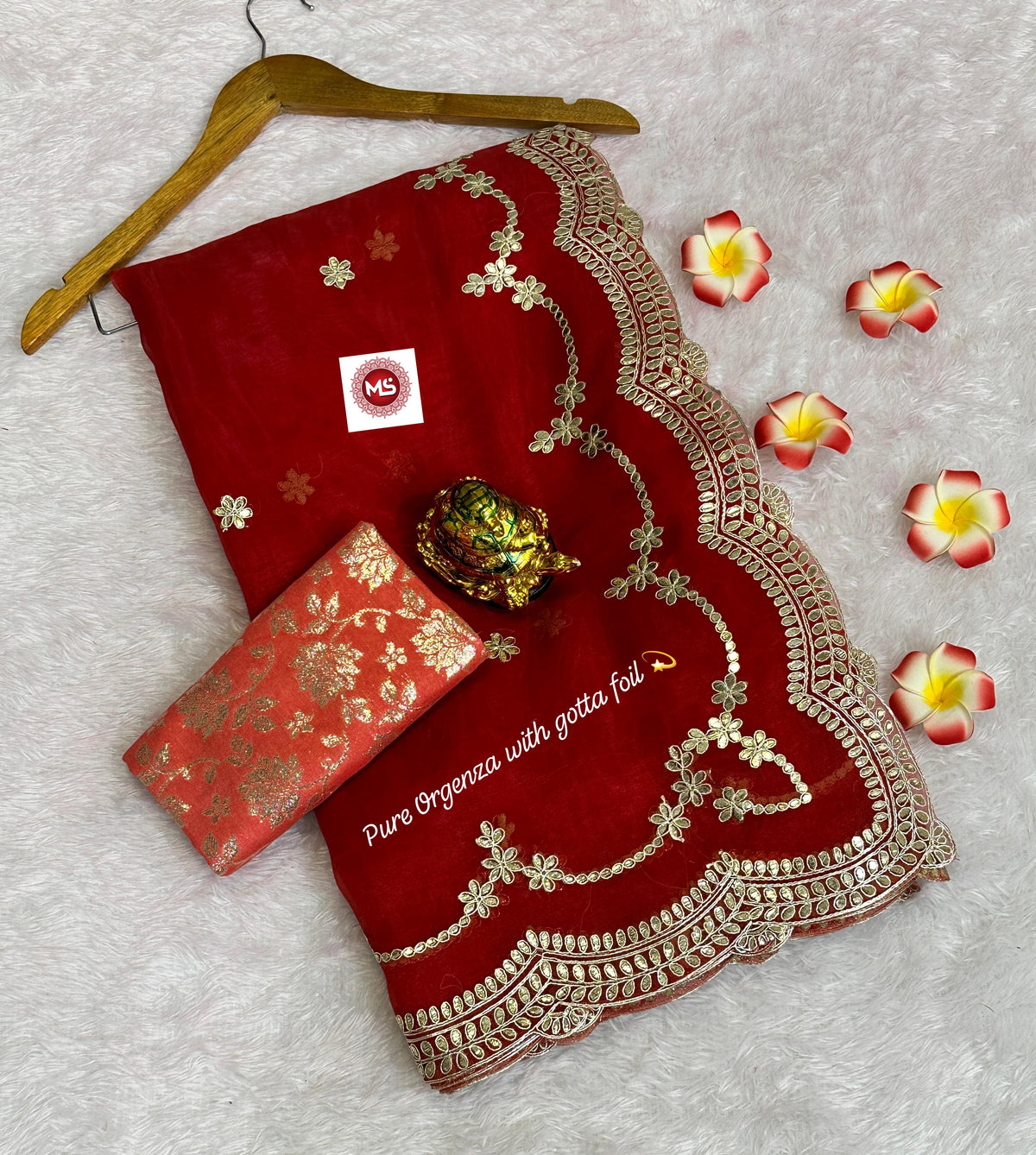 Elegant Net Organza Designer Saree with C Pallu Foil Gota Work & Contrast Jari Blouse