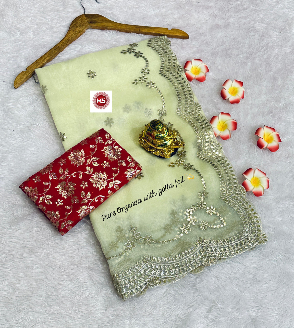 Elegant Net Organza Designer Saree with C Pallu Foil Gota Work & Contrast Jari Blouse