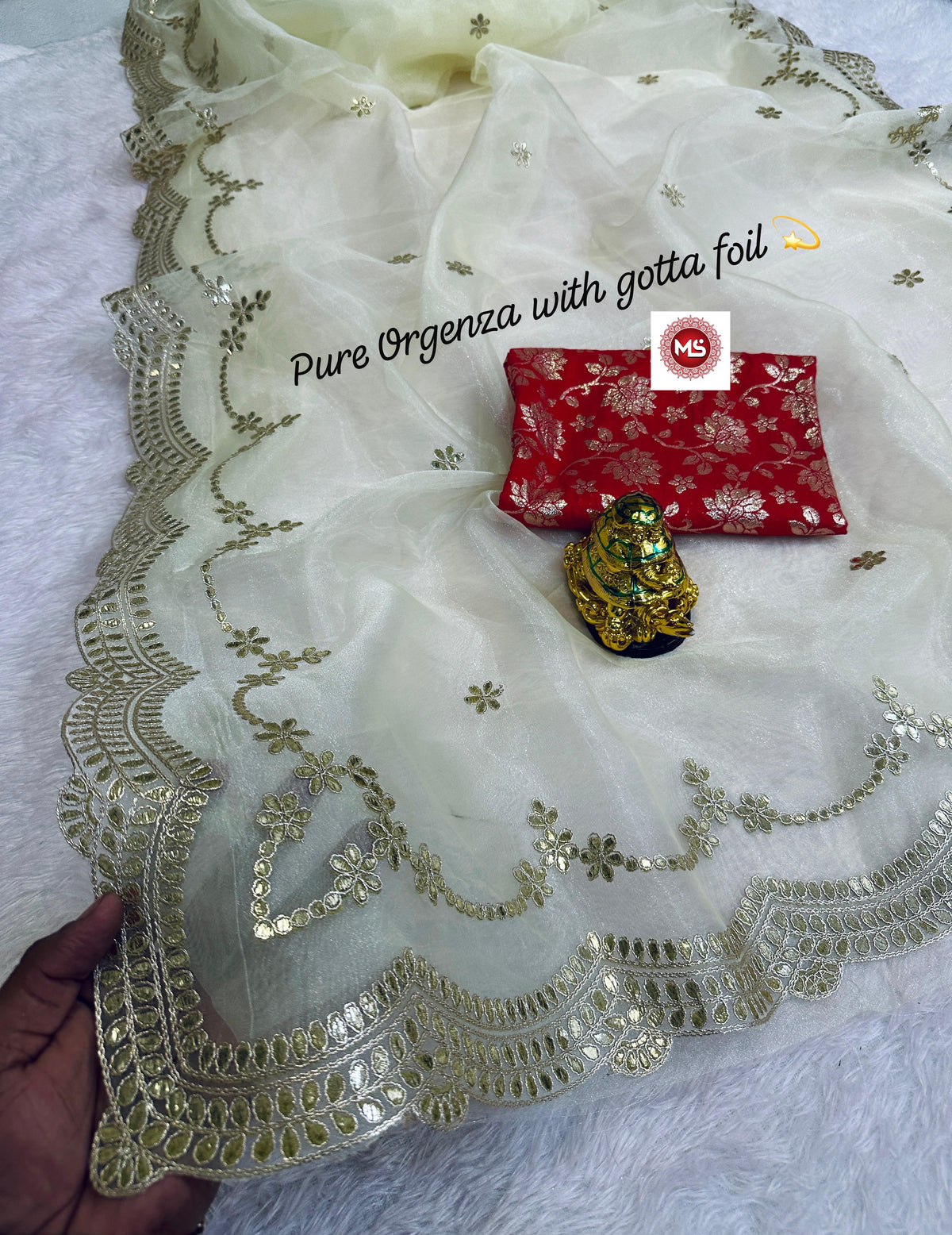 Elegant Net Organza Designer Saree with C Pallu Foil Gota Work & Contrast Jari Blouse