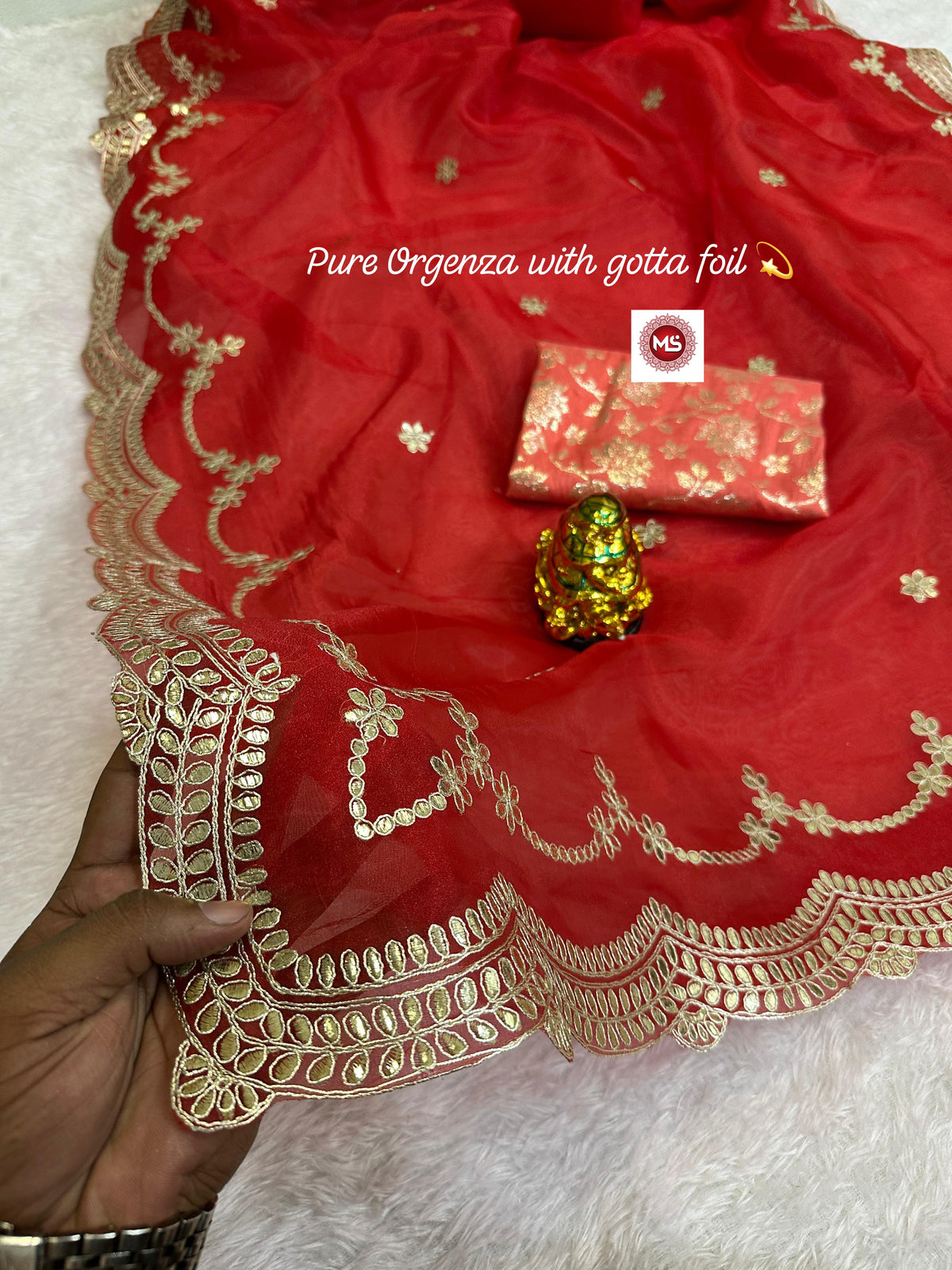 Elegant Net Organza Designer Saree with C Pallu Foil Gota Work & Contrast Jari Blouse