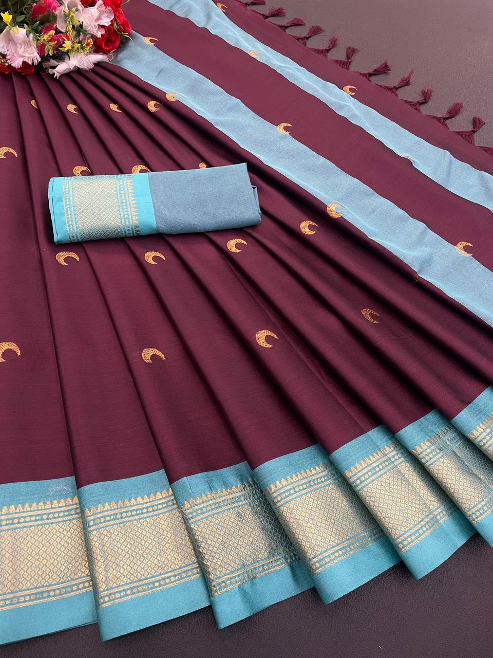 Cotton Paithani – Pure Mercerised Soft Silk Saree with Peacock Mina Work & Contrast Blouse