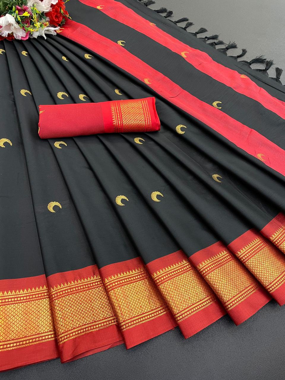 Cotton Paithani – Pure Mercerised Soft Silk Saree with Peacock Mina Work & Contrast Blouse