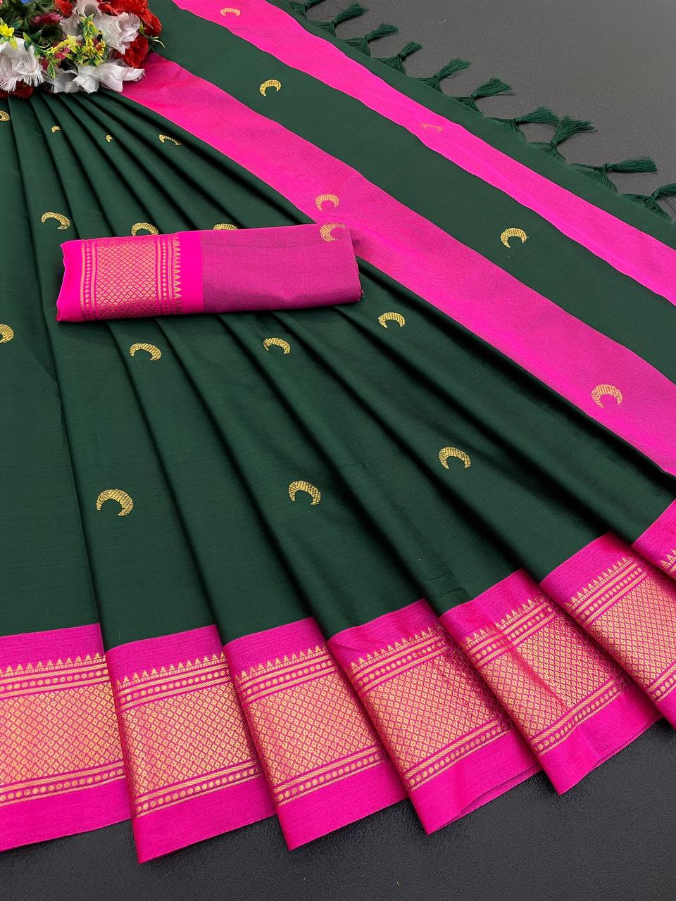 Cotton Paithani – Pure Mercerised Soft Silk Saree with Peacock Mina Work & Contrast Blouse