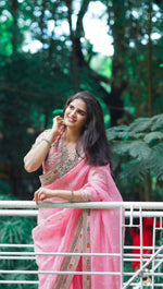 Gulmohar Pure Organza Silk Saree with Multithread Embroidery & Embellished Blouse