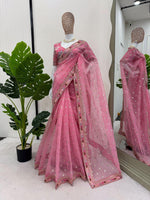 Gulmohar Pure Organza Silk Saree with Multithread Embroidery & Embellished Blouse