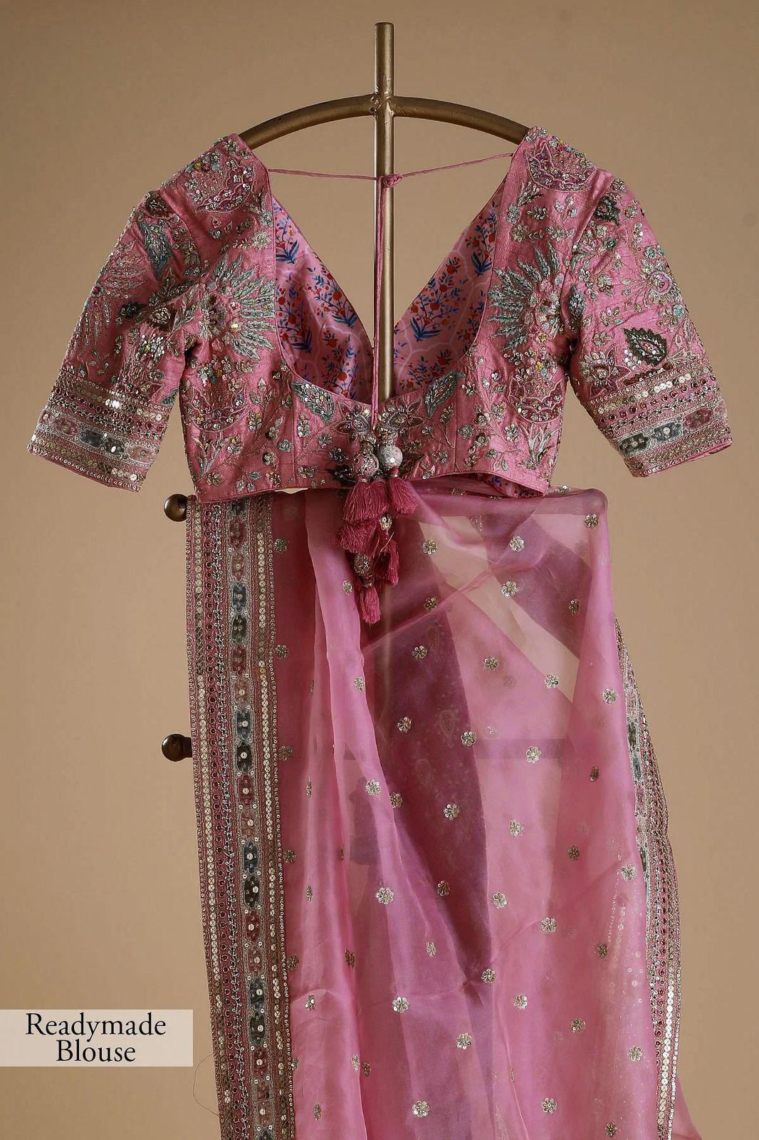 Gulmohar Pure Organza Silk Saree with Multithread Embroidery & Embellished Blouse