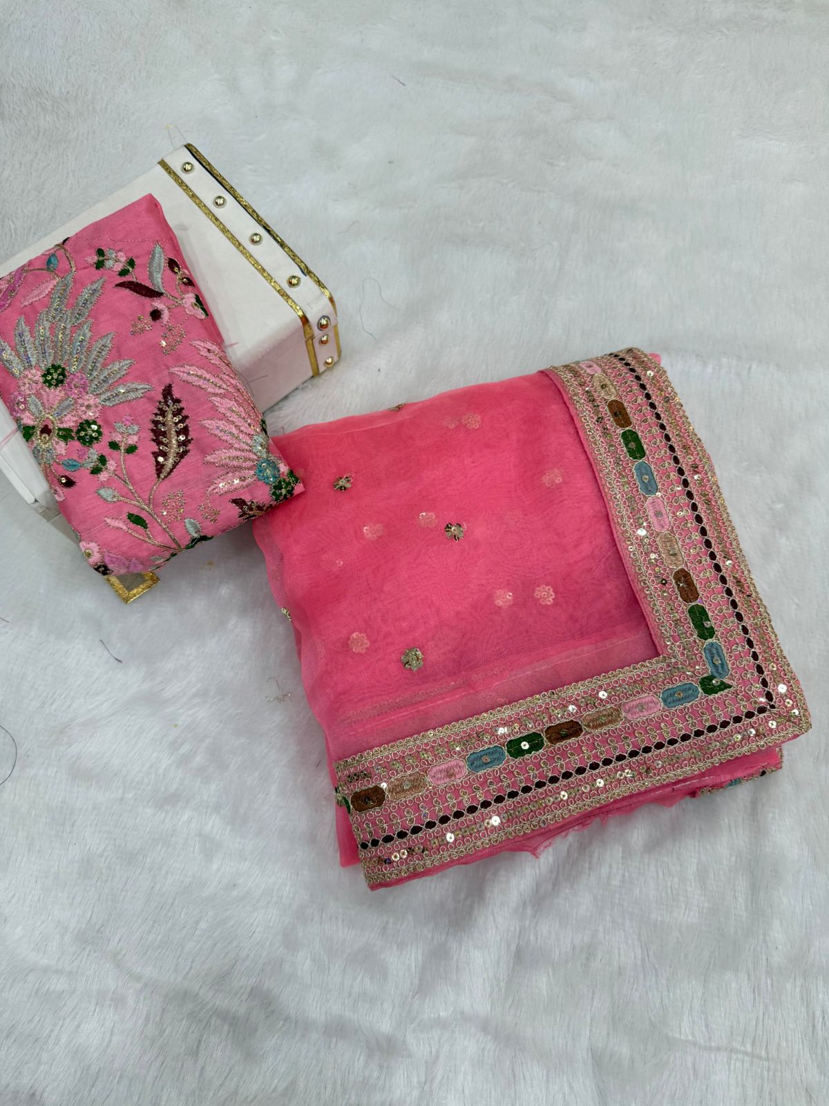 Gulmohar Pure Organza Silk Saree with Multithread Embroidery & Embellished Blouse
