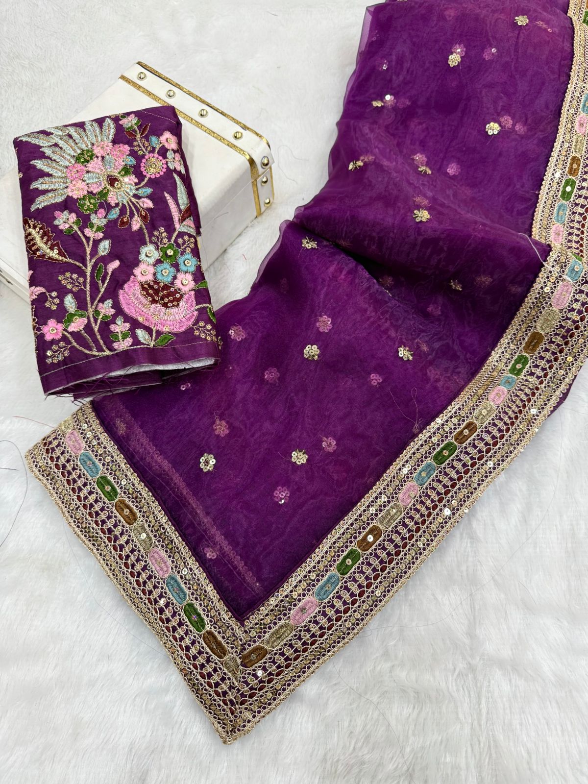 Gulmohar Pure Organza Silk Saree with Multithread Embroidery & Embellished Blouse