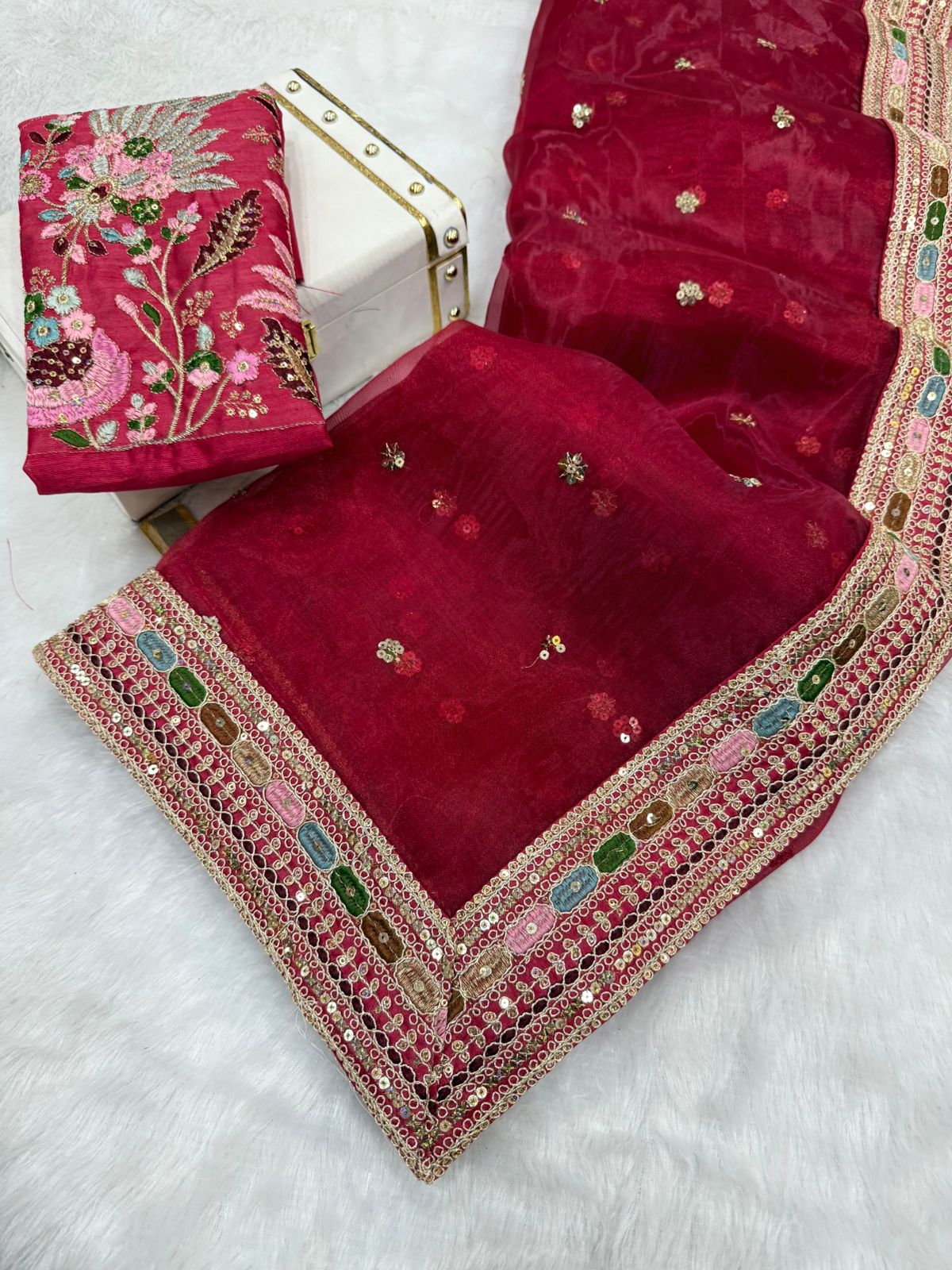 Gulmohar Pure Organza Silk Saree with Multithread Embroidery & Embellished Blouse