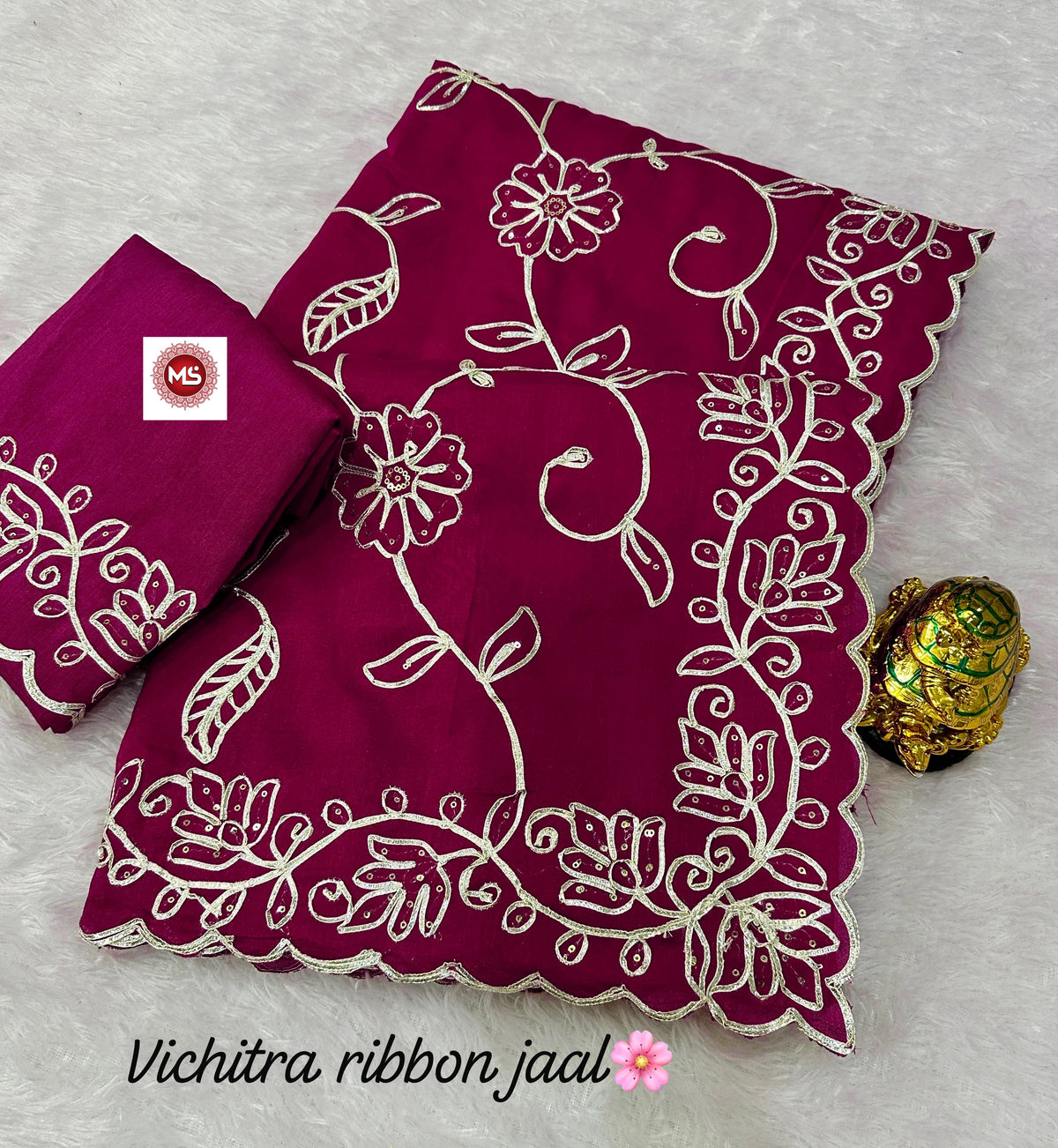 Elegant Blooming Vichitra Silk Saree with Heavy Ribbon & Sequins Work