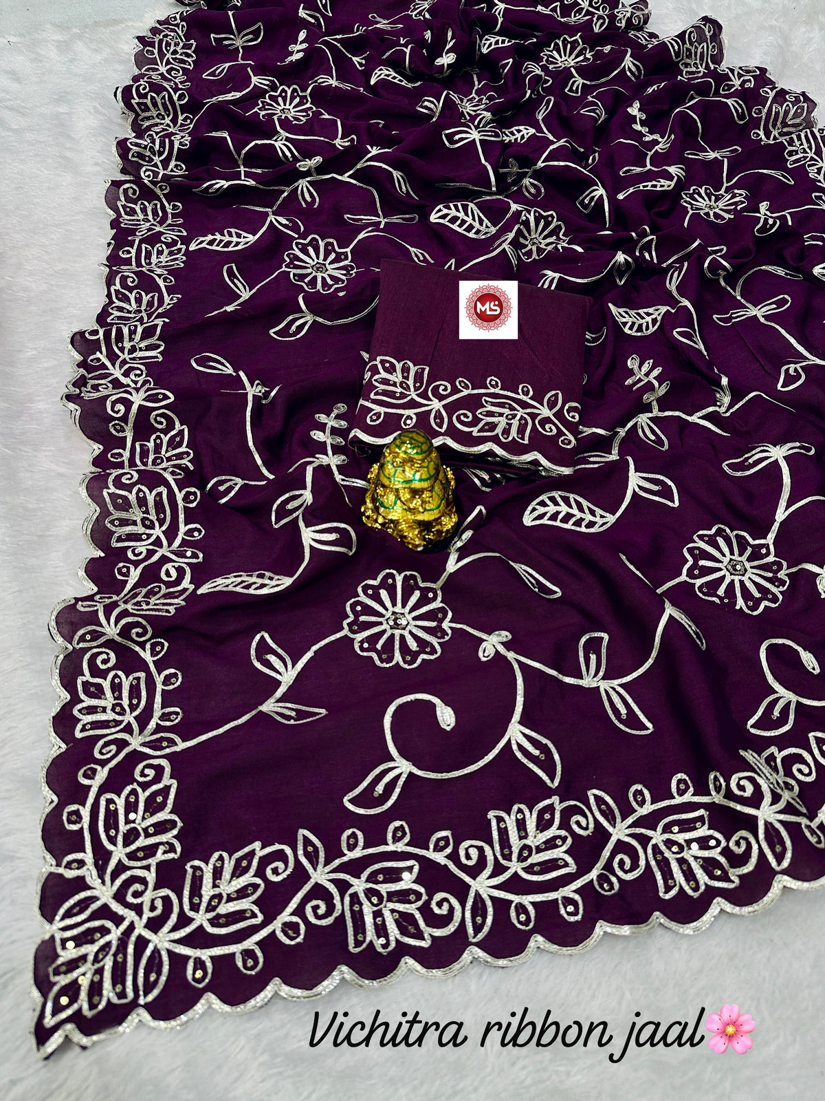 Elegant Blooming Vichitra Silk Saree with Heavy Ribbon & Sequins Work
