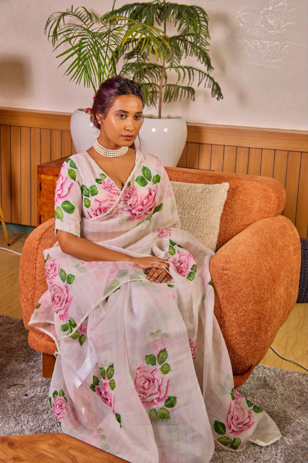 Pure Soft Organza Teby Silk Saree with Floral Prints & Khatli Handwork Border