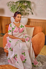 Pure Soft Organza Teby Silk Saree with Floral Prints & Khatli Handwork Border