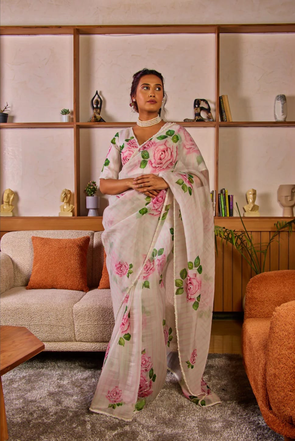 Pure Soft Organza Teby Silk Saree with Floral Prints & Khatli Handwork Border