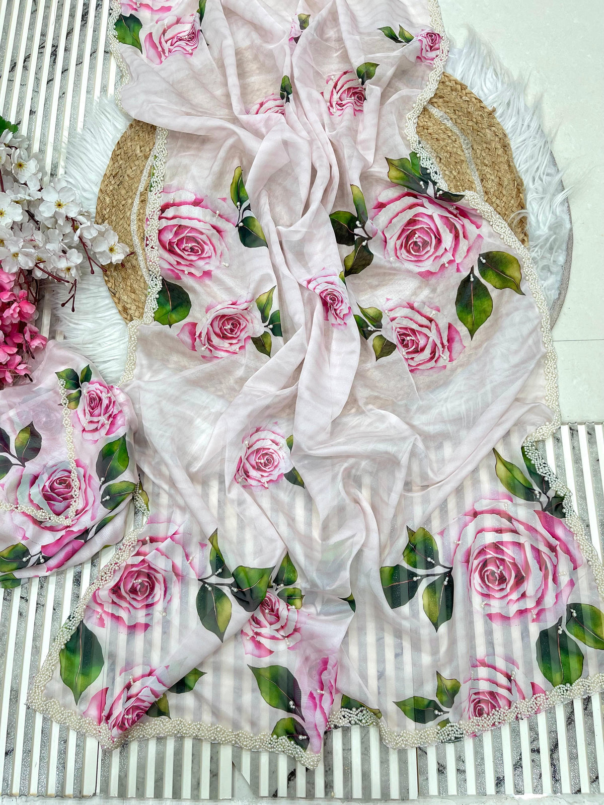Pure Soft Organza Teby Silk Saree with Floral Prints & Khatli Handwork Border