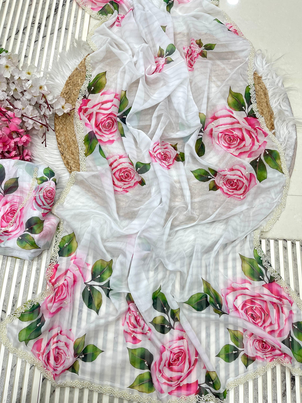 Pure Soft Organza Teby Silk Saree with Floral Prints & Khatli Handwork Border